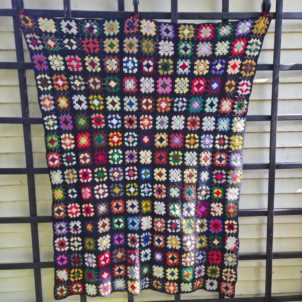 Vintage Crochet Granny Square Afghan Throw Black Multicolor Roseanne 80"×62"